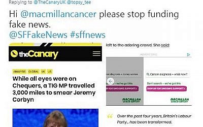 Screenshot from Twitter, showing the SFFN campaign urging Macmillan Cancer Care to remove its advert from the Canary.