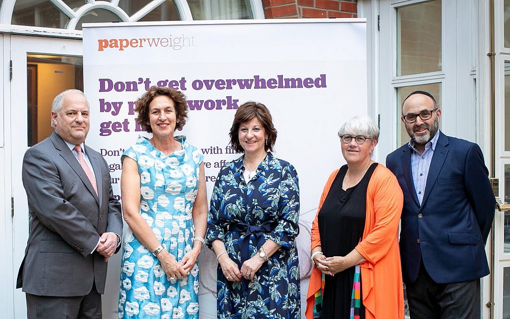 Leonie (second right) with Benjamin Conway (Co-Founder and Chair, Paperweight) Gillian Merron (former Chief Executive, Board of Deputies), Bayla Perrin (Co-Founder, Paperweight),  and Alan Perrin (Trustee, Paperweight).