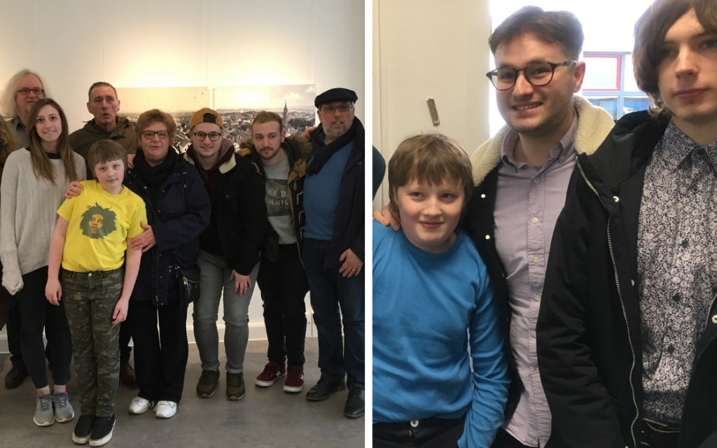 Left: Jacob Rumens in yellow, with his family; right:  Jacob in blue with his brothers Sam and Oli