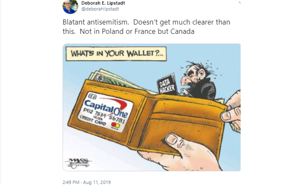 Screenshot of tweet from Deborah Lipstadt including the offending cartoon printed by the Canadian paper.
