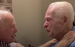 Holocaust survivors Morris Sana and Simon Mairowitz reunite in Tel Aviv 75 years after being separated. (Video screengrab via JTA) Holocaust survivors Morris Sana and Simon Mairowitz reunite in Tel Aviv 75 years after being separated. (Video screengrab via JTA)