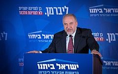Avigdor Lieberman, leader of the Israeli secular nationalist Yisrael Beiteinu party, gives an address at the party's electoral headquarters in Jerusalem late on September 17, 2019. - Ex-defence minister Lieberman called for a unity government between his party, Prime Minister Benjamin Netanyahu's Likud and the main opposition Blue and White after polls closed. Exit surveys showed a tight race between Netanyahu's Likud and ex-military chief Benny Gantz's Blue and White, raising the possibility of another deadlock. Photo by: JINIPIX