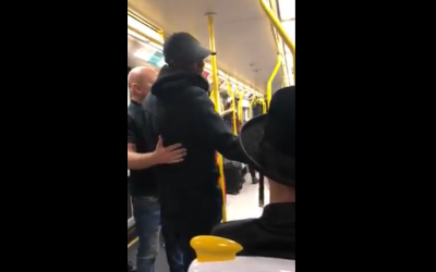 Screenshot from Facebook video posted by StandWithUS of the incident on a tram in Manchester