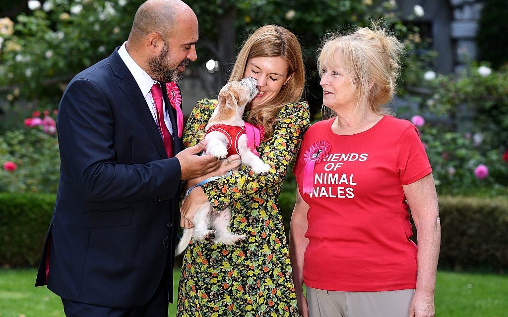 Marc Abraham, Carrie Symonds and Eileen Jones who runs Friends of Animals Wales, with Number 10's newest resident, Dilyn the Jack Russell