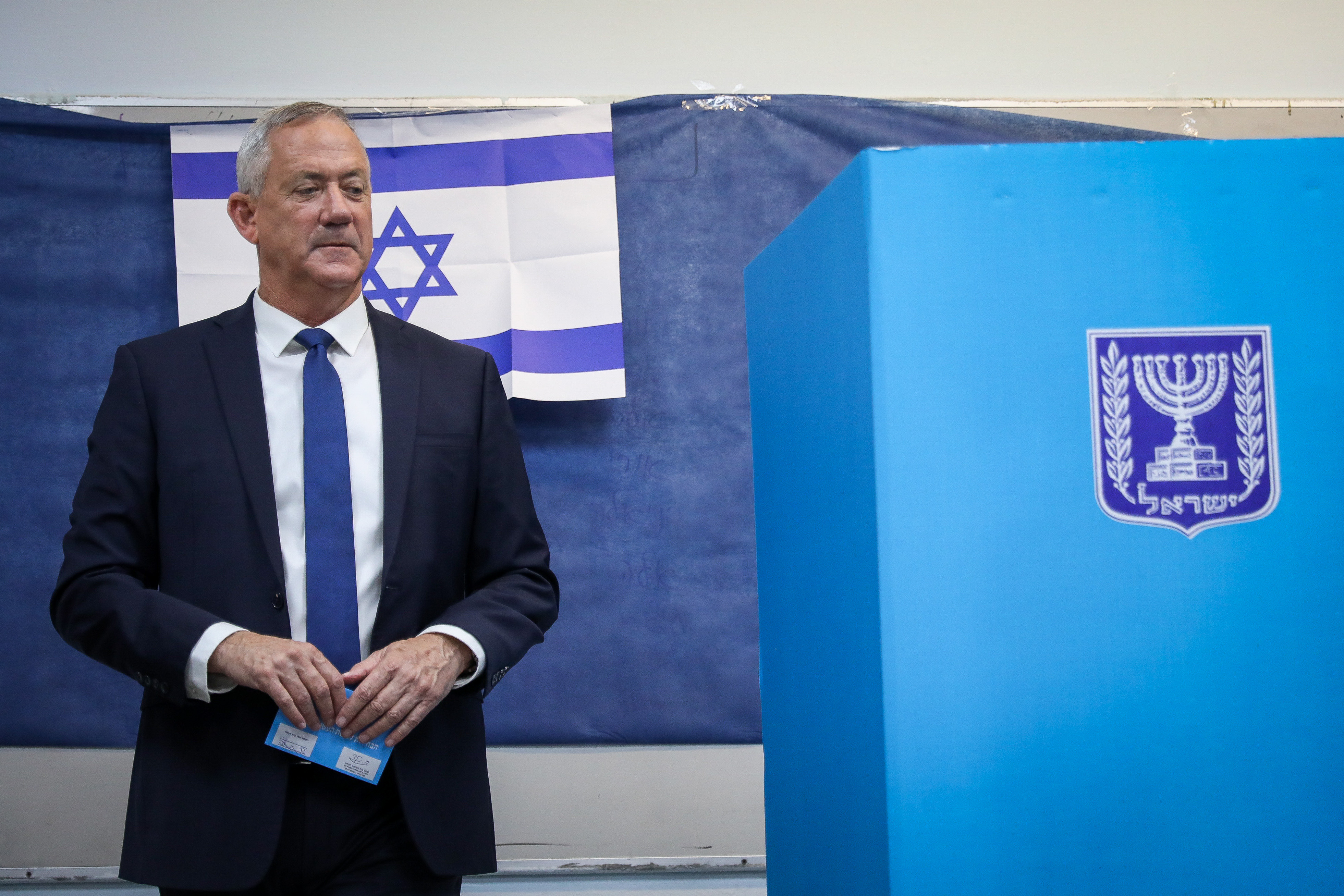 Benny Gantz, former Israeli Army Chief of Staff and chairman of the Blue and White Israeli centrist political alliance, prepares to cast his vote during the Israeli legislative elections, in Rosh Haayin, Israel, 17 September 2019. . Photo by: JINIPIX