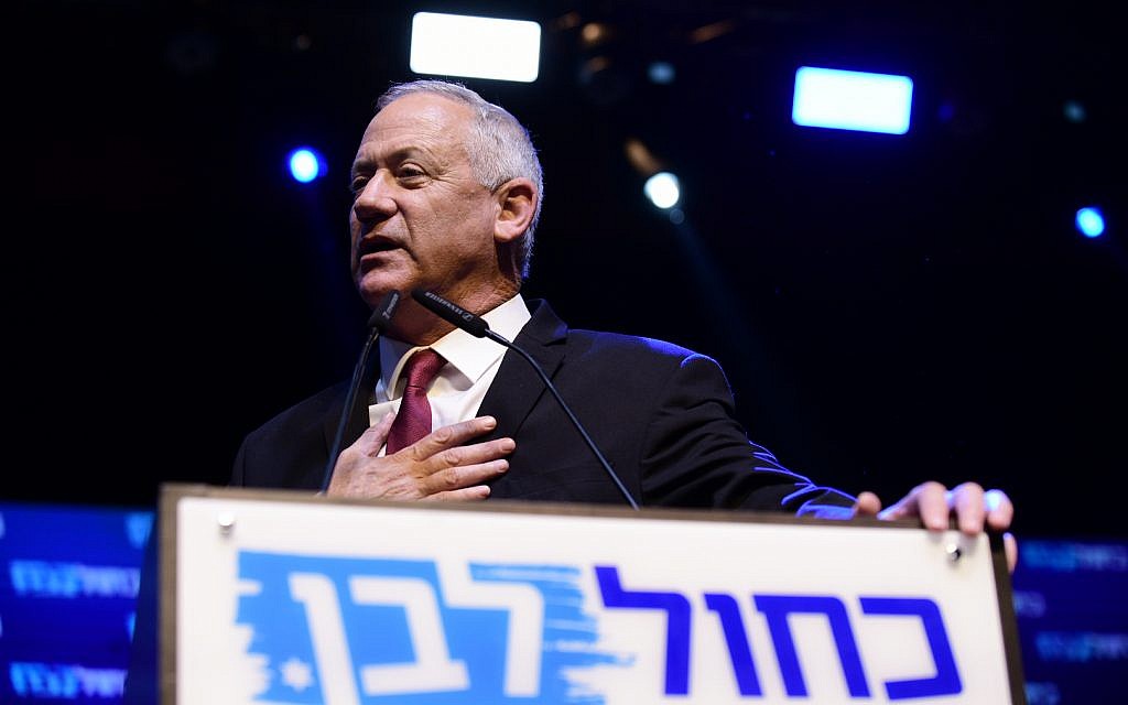 Benny Gantz, former Israeli army chief of staff and candidate for prime minister of the Blue and White Israeli centrist political party, gives a speech after early exit polls in the general election during a rally with supporters in Tel Aviv, Israel, 17 September 2019. Early polls gave Israeli Prime Minister Benjamin Netanyahu's Likud party and Benny Gantz's Blue and White party almost equal amount of Knesset seats in the Israeli general elections. Photo by: Tomer Neuberg-JINIPIX