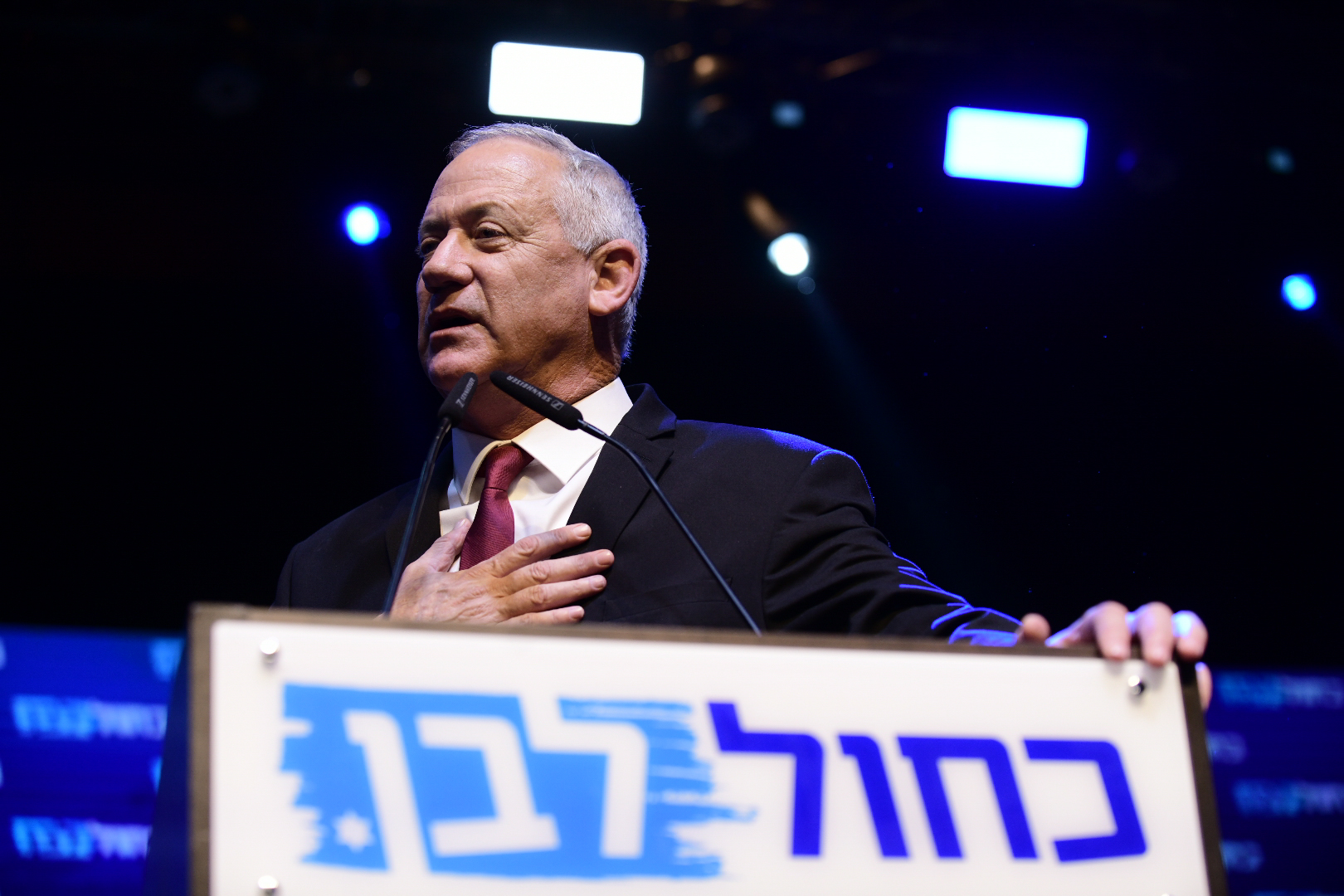 Benny Gantz, former Israeli army chief of staff and candidate for prime minister of the Blue and White Israeli centrist political party, gives a speech after early exit polls in the general election during a rally with supporters in Tel Aviv, Israel, 17 September 2019. Early polls gave Israeli Prime Minister Benjamin Netanyahu's Likud party and Benny Gantz's Blue and White party almost equal amount of Knesset seats in the Israeli general elections. Photo by: Tomer Neuberg-JINIPIX
