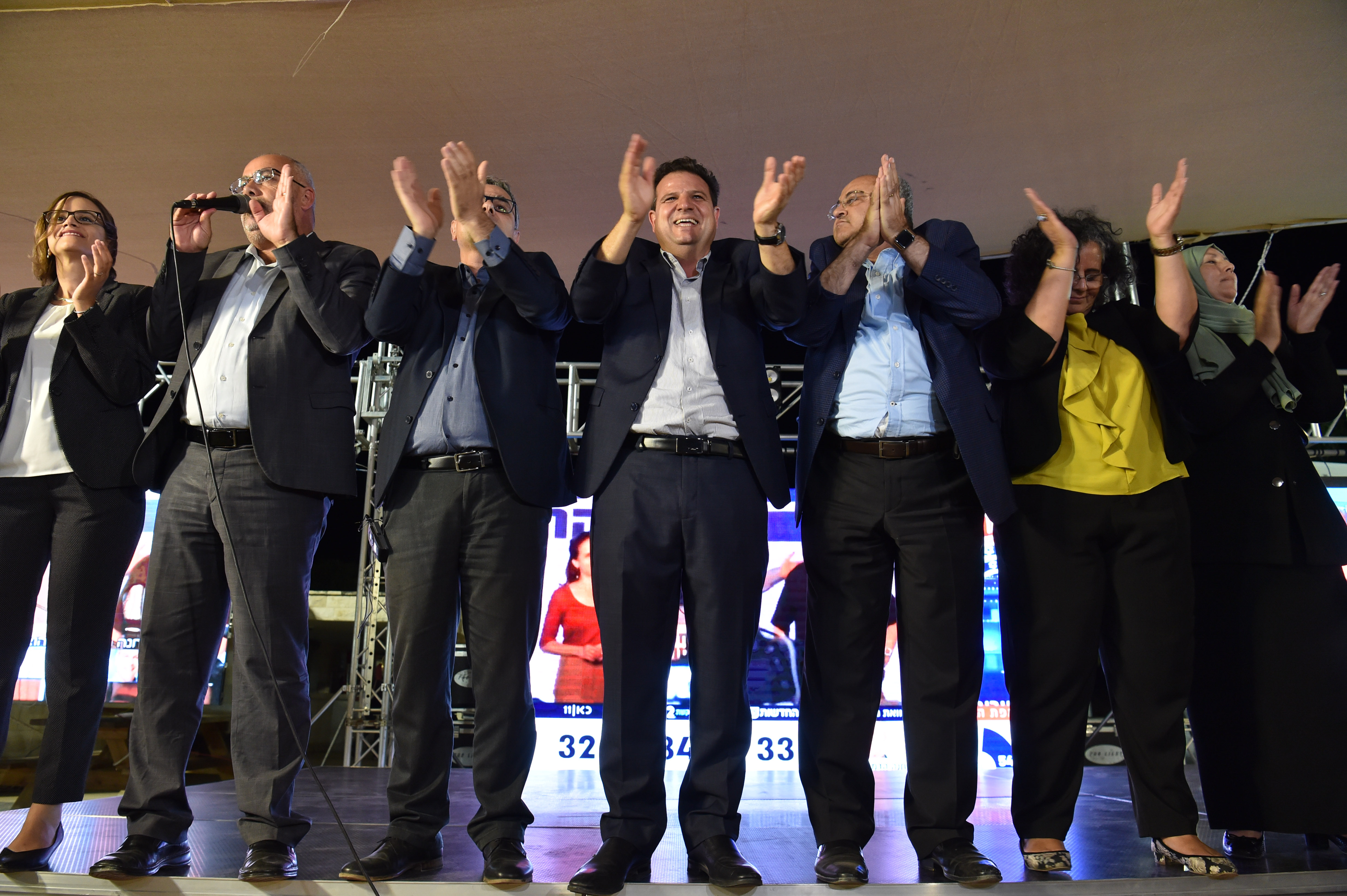 Heads of the Joint List party reacts as the first results in the Israeli Knesset elections are announced, September 17, 2019. as the first exit polls are announced on television. - Israeli Prime Minister Benjamin Netanyahu and his main challenger Benny Gantz were neck-and-neck in the country's general election after polls closed, exit surveys showed. Three separate exit polls carried by Israeli television stations showed Netanyahu's right-wing Likud and Gantz's centrist Blue and White alliance with between 31 and 34 parliament seats each out of 120. Photo by: Gil Eliyahu-JINIPIX