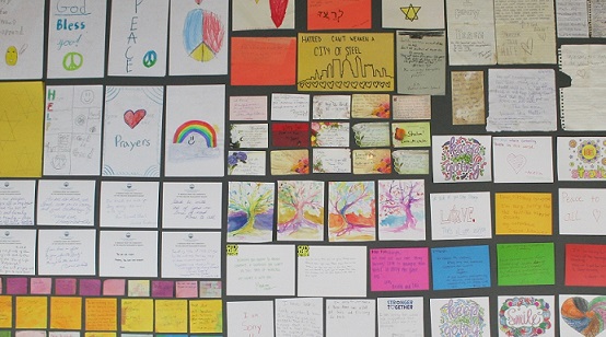Notes left in memoriam following the Pittsburgh synagogue shooting. (Courtesy of the Rauh Jewish Archives via JTA)