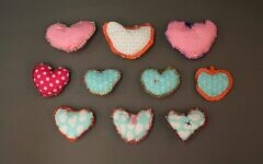 Quilted hearts sent in memoriam of the Pittsburgh synagogue shooting. (Courtesy of the Tree of Life Congregation and Rauh Jewish History Program & Archives via JTA)