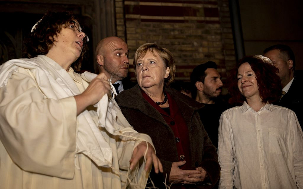 German Chancellor Angela Merkel, Center, attends a solidarity event at the 'Neue Synagoge' (new synagogue) in Berlin. (Christoph Soeder/dpa via AP) German Chancellor Angela Merkel, Center, attends a solidarity event at the 'Neue Synagoge' (new synagogue) in Berlin. (Christoph Soeder/dpa via AP)