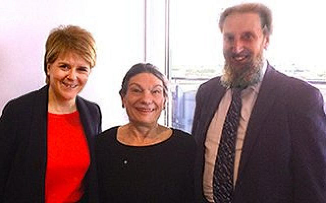Scotland's First Minister Nicola Sturgeon (left) with SCoJeC chair Micheline Brannan and SCoJeC director Ephraim Borowski