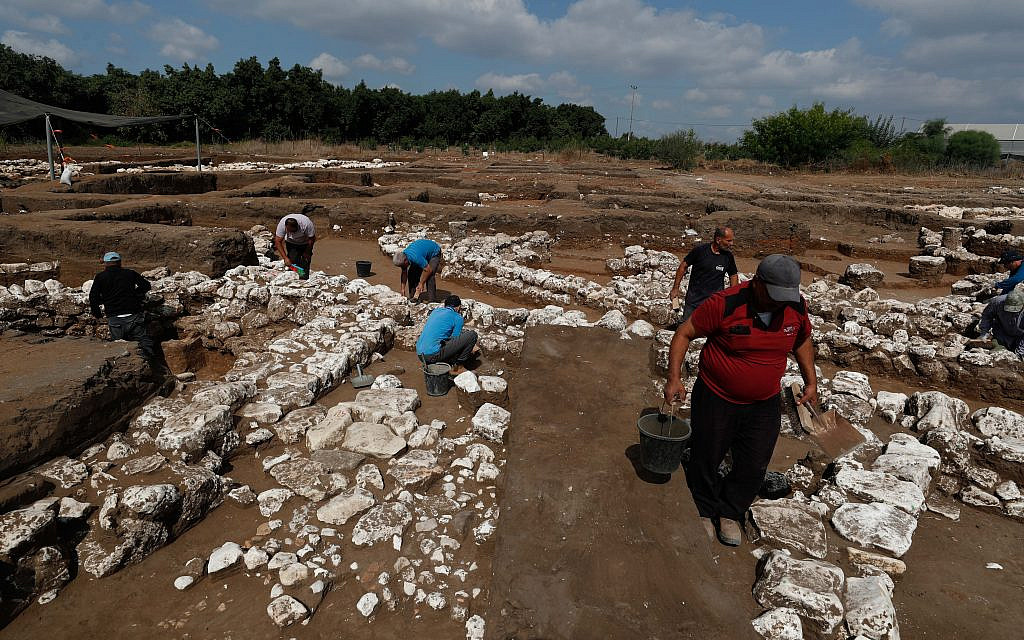Israeli archaeologists work at the ancient site of En Esur (Ein Asawir) where a 5000-year-old city was uncovered, near the Israeli town of Harish on October 06, 2019. Photo by: JINIPIX