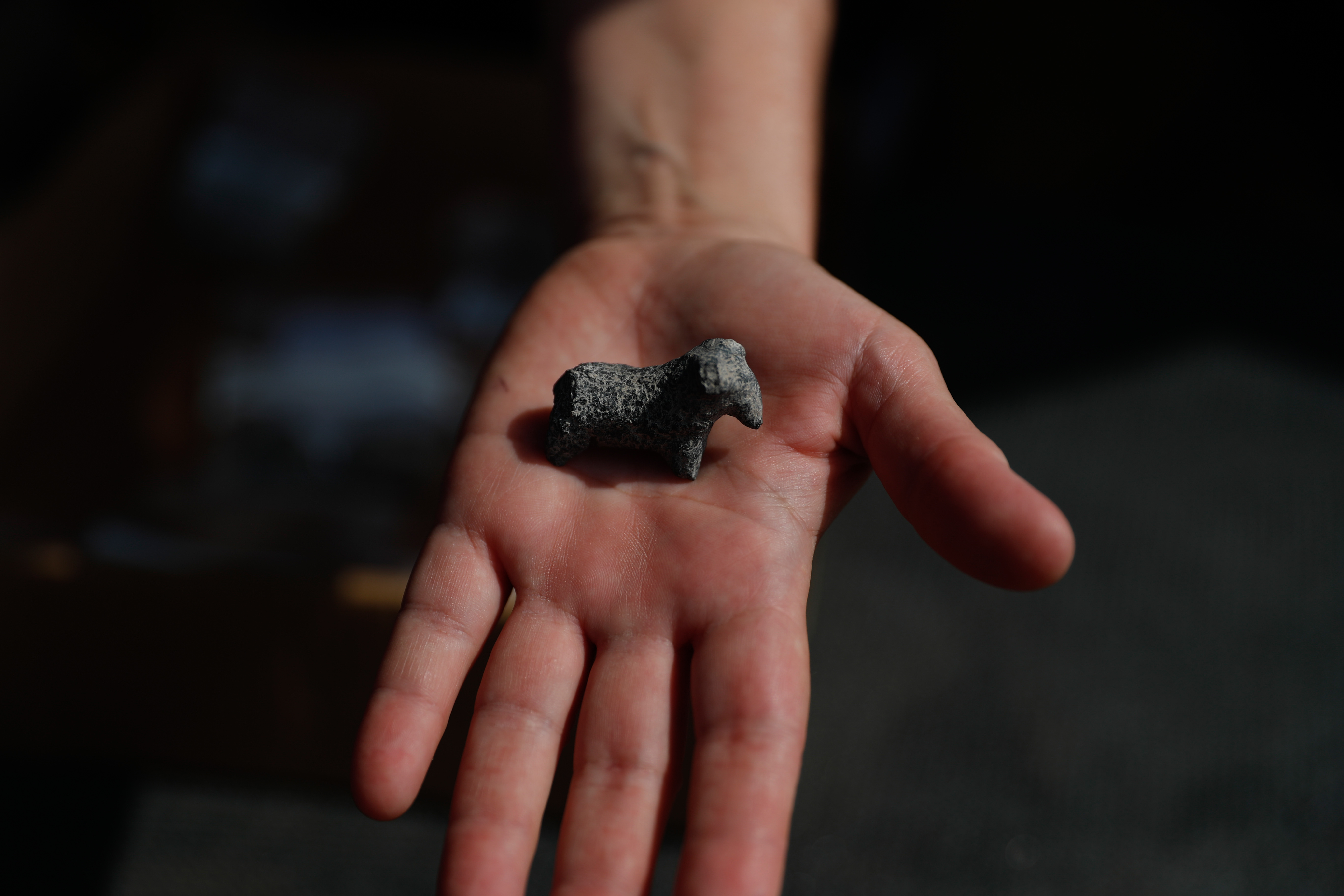 A picture taken on October 06, 2019 shows a small animal figurine unearthed at the archaeological site of En Esur (Ein Asawir) where a 5000-year-old city was uncovered, near the Israeli town of Harish on October 06, 2019. Photo by: JINIPIX