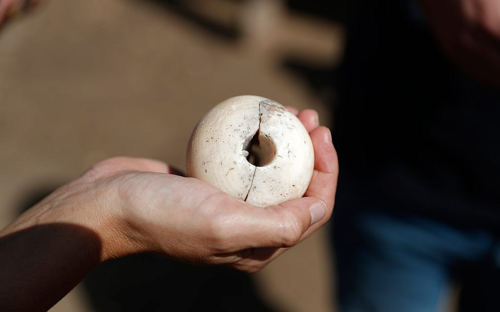 A picture taken on October 06, 2019 shows a stone club head unearthed at the archaeological site of En Esur (Ein Asawir) where a 5000-year-old city was uncovered, near the Israeli town of Harish. Photo by: JINIPIX