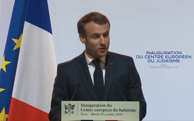 Screenshot from Twitter video of Macron inaugurating the new Jewish centre in Paris