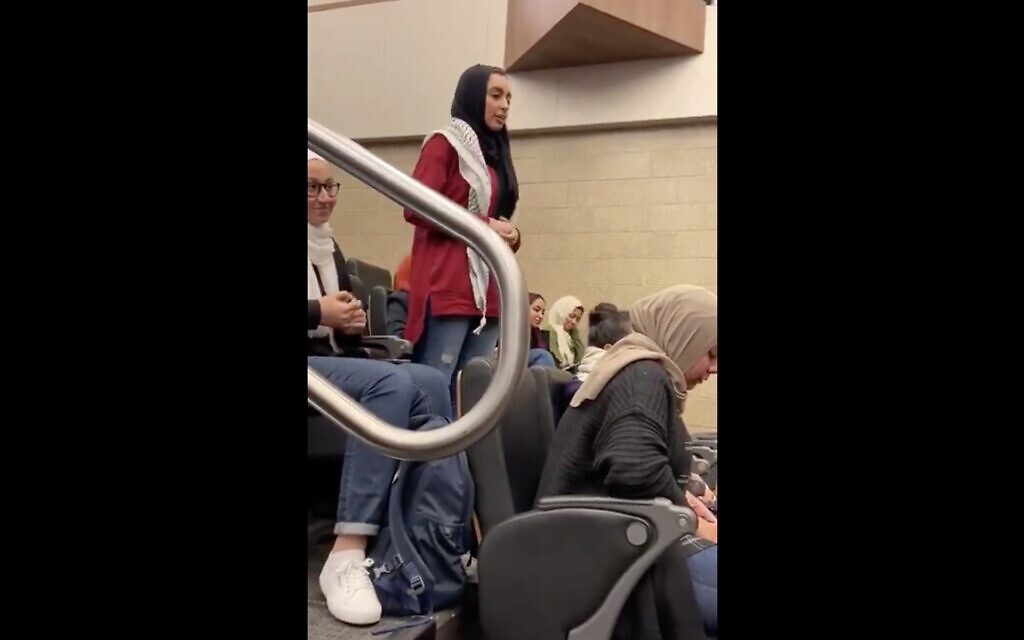 Ayah Ali speaking at Benedictine University in Lisle, Ill. (Screenshot from Benedictine SJP/Twitter via JTA)