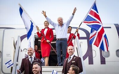 Virgin Atlantic founder Richard Branson touches down at Ben Gurion Airport in Tel Aviv, Israel with CEO Shai Weiss.