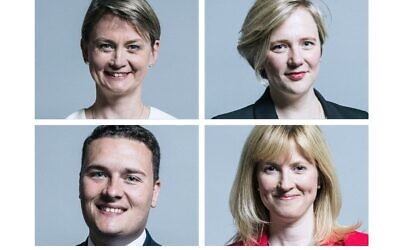 Labour MPs who have been attacked online for remaining in Labour, but trying to defend the Jewish community in the antisemitism row.  Left: Yvette Cooper and Wes Streeting. Right:  Stella Creasy and Rosie Duffield