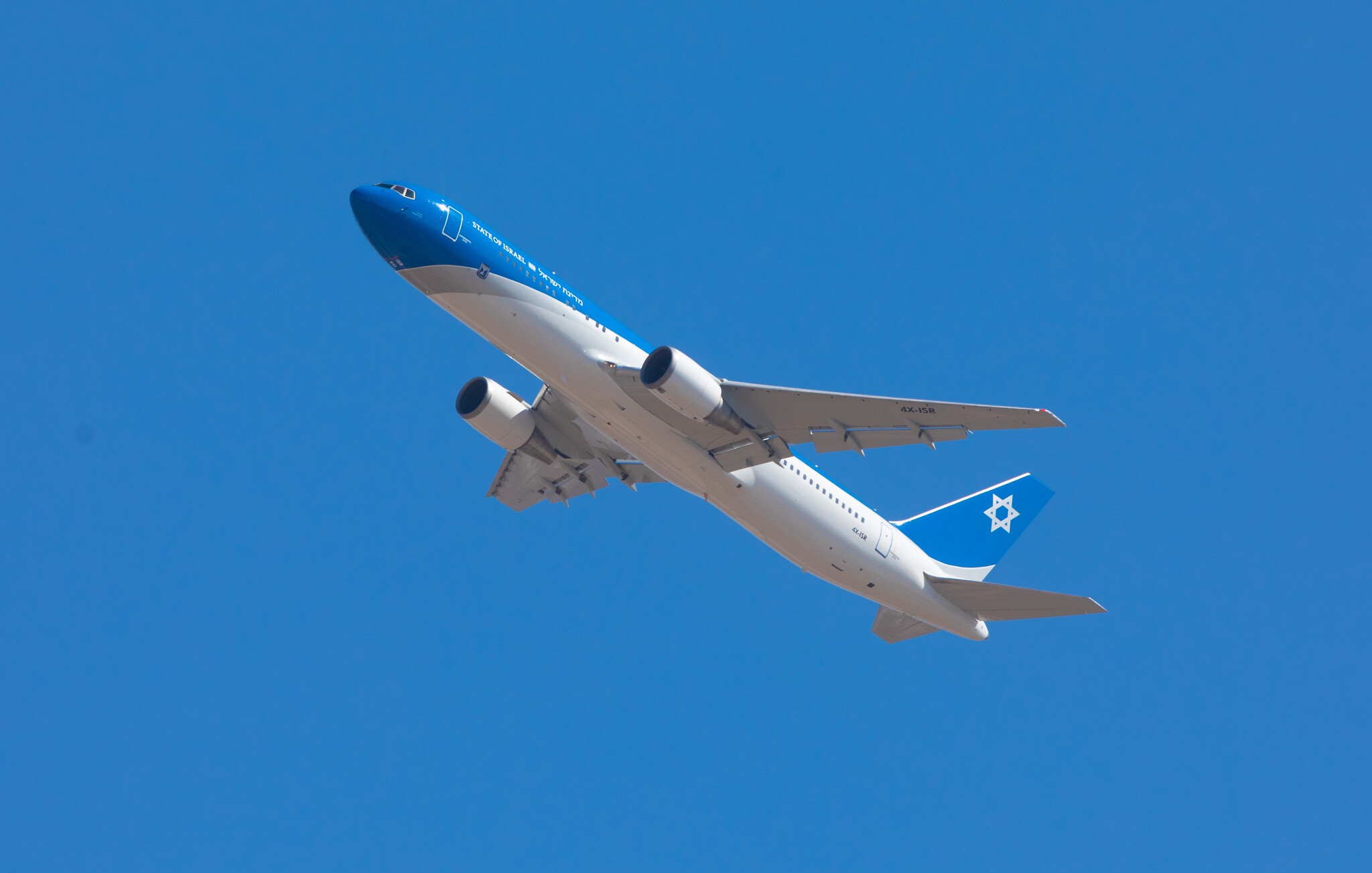 The Prime Minister's plane, a Boeing 767, seen on its first flight test above Tel Aviv, on November 3, 2019. The plane is the Israeli version of Air Force 1, meant to serve the Israeli Prime Minister and the President. Photo by: Nimrod Glikman-JINIPIX