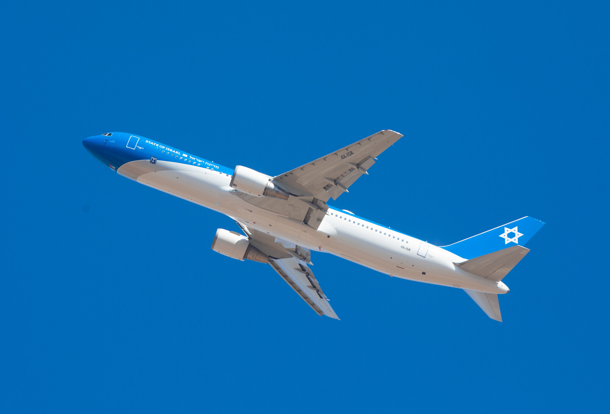 The Prime Minister's plane, a Boeing 767, seen on its first flight test above Tel Aviv, on November 3, 2019. The plane is the Israeli version of Air Force 1, meant to serve the Israeli Prime Minister and the President. Photo by: Nimrod Glikman-JINIPIX