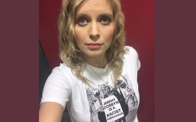 Rachel Riley wearing a T-shirt of Labour leader Jeremy Corbyn holding a placard, reading: "Jeremy Corbyn is a racist endeavour". (Photo credit should read: Rachel Riley/PA Wire)