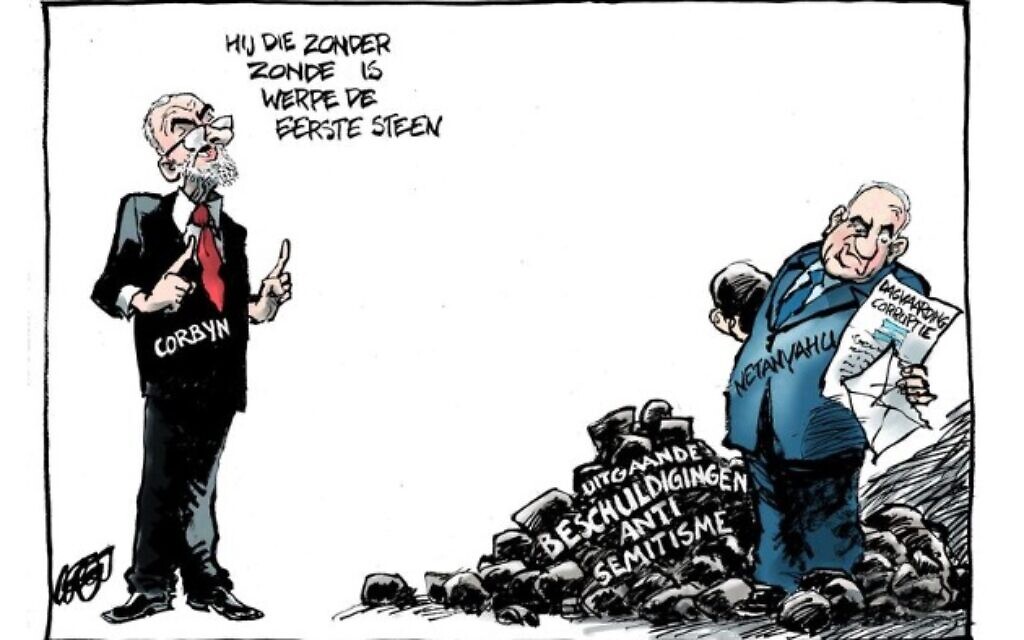 A caricature suggesting Benjamin Netanyahu is behind British Labour's anti-Semitism scandals (De Volkskrant via JTA)