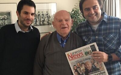 L-R: News Editor Justin Cohen, Sir Ben Helfgott and Editor Richard Ferrer, as the Holocaust survivor is presented with a copy of this week's Jewish News, which wishes him many happy returns from across the community and the country.