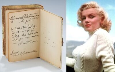 The siddur, once owned by Marilyn Monroe, features two inscriptions on the front cover, including one dating to August 4, 1934 to Kenneth Wasserman from Mrs A Braunstein, and then apparently re-gifted by Wasserman to Mrs. Marilyn Cooper-Smith.