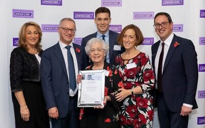 Helen Aronson (centre), winner of Jewish Care's Topland Business Luncheon Award with daughter Annie Fox, Steven Lewis, chair of trustees, grandson Daniel Fox, daughter Monica Huddie and Daniel Carmel-Brown, chief executive of Jewish Care