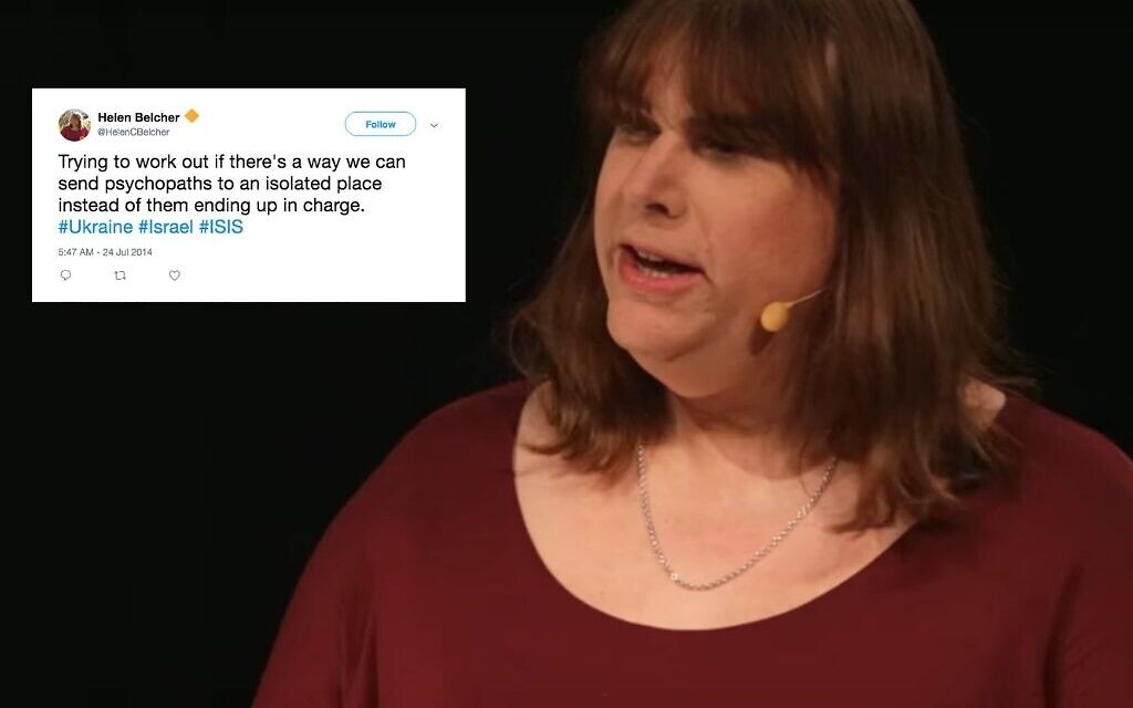 Right, Helen Belcher giving a Ted talk in 2018, inset: tweet sent from her personal account in 2014
