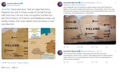 Screenshots from Twitter showing Auschwitz Museum's protestations at the Devil Next Door's use of a wrong map