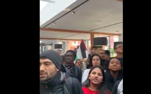 Screenshot from StandWithUS UK's twitter, which shows anti-Israel activists at the University of Warwick