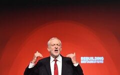 Former Labour leader Jeremy Corbyn giving his keynote speech at the party's annual conference. (Stefan Rousseau/PA Wire via Jewish News)