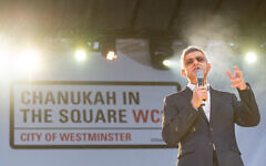 Mayor of London Sadiq Khan speaking during the annual Menorah Lighting Ceremony on Trafalgar Square in London to mark Chanukah - 2019. (Photo credit: Dominic Lipinski/PA Wire)