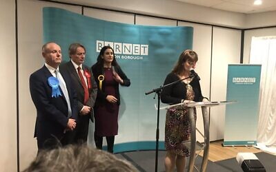 Luciana Berger, Ross Houston and Mike Freer at the Finchley and Golders Green general election count in 2019