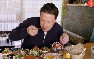 Jamie Oliver enjoyed a slap-up breakfast, Israeli style, for his new television series