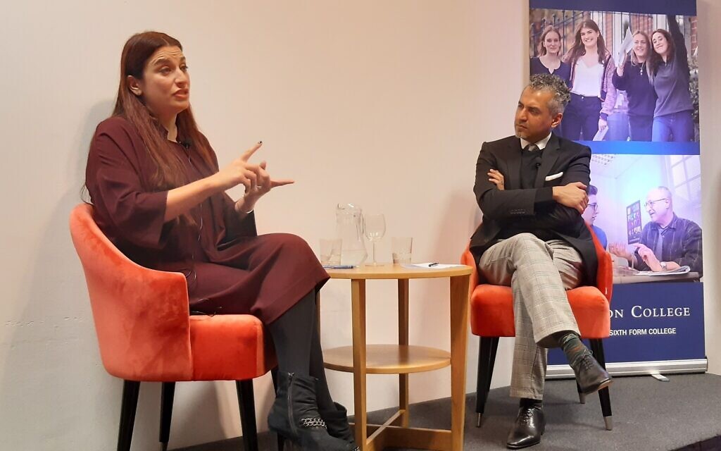 Lib Dem candidate Luciana Berger with LBC presenter Maajid Nawaz at Brampton College in Hendon
