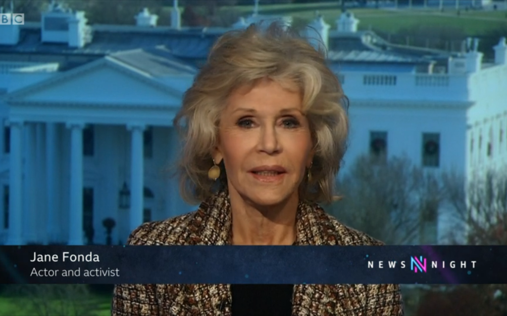 Jane Fonda appearing on BBC Two's Newsnight programme (Credit: BBC iPlayer)