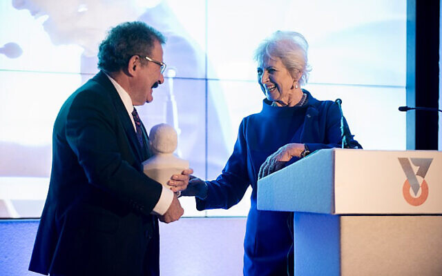 Lord Winston receiving the Technion UK Churchill award from Lois Peltz, vice president of Technion UK, (credit: Adrian Korsner)