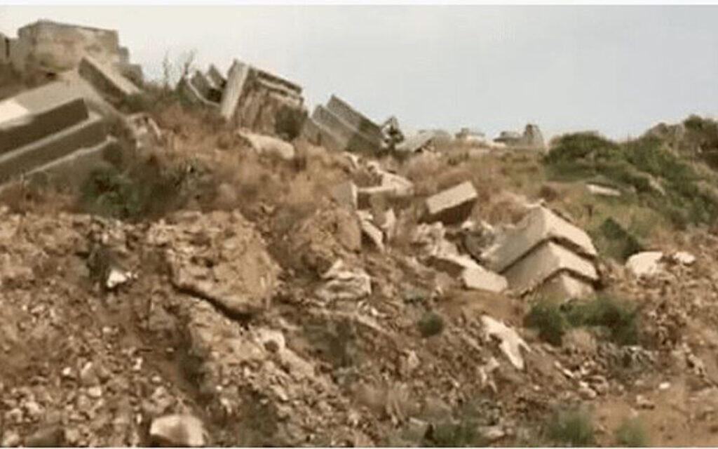 Footage posted in 2018 by a caretaker of the Jewish Cemetery of Sidon appears to show damage to at least seven tombstones. (Nagi Georges Zeidan/Facebook via JTA)