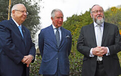 The Prince of Wales with Chief Rabbi Ephraim Mirvis (right) after a meeting with President Reuven Rivlin (left) at his official residence in Jerusalem on the first day of his visit to Israel and the occupied Palestinian territories.. Photo credit: Victoria Jones/PA Wire The Prince of Wales with Chief Rabbi Ephraim Mirvis (right) after a meeting with President Reuven Rivlin (left) at his official residence in Jerusalem on the first day of his visit to Israel and the occupied Palestinian territories.. Photo credit: Victoria Jones/PA Wire
