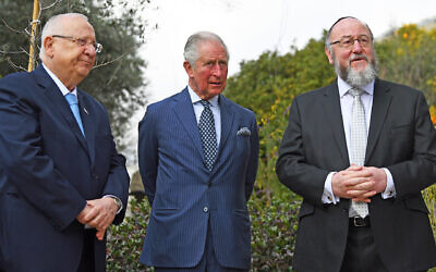 The Prince of Wales with Chief Rabbi Ephraim Mirvis (right) after a meeting with President Reuven Rivlin (left) at his official residence in Jerusalem on the first day of his visit to Israel and the occupied Palestinian territories.. Photo credit: Victoria Jones/PA Wire