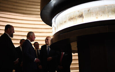 The Prince of Wales and Chief Rabbi Ephraim Mirvis (left) during a visit to the Shrine of the Book at the Israel Museum in Jerusalem (Photo credit: Victoria Jones/PA Wire)