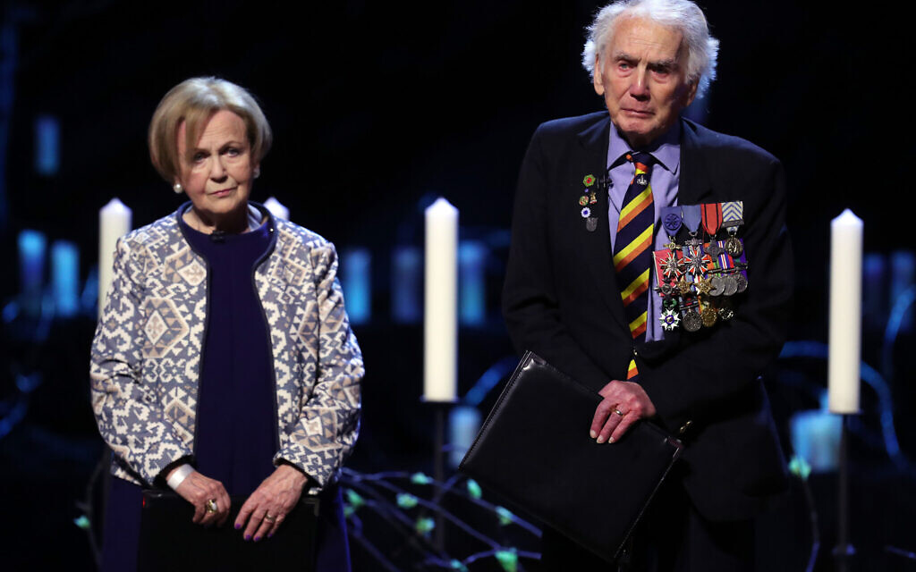 Mala Tribich MBE, Bergen-Belsen survivor and Ian Forsyth MBE speaking during the UK Holocaust Memorial Day Commemorative Ceremony at Central Hall in Westminster, London. PA Photo. . (Photo credit: Chris Jackson/PA Wire)