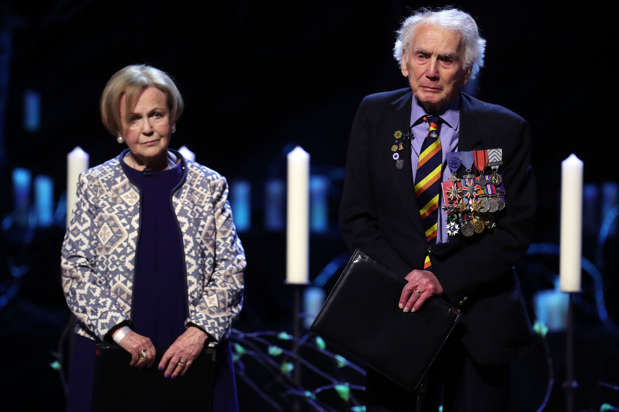 Mala Tribich MBE, Bergen-Belsen survivor and Ian Forsyth MBE speaking during the UK Holocaust Memorial Day Commemorative Ceremony at Central Hall in Westminster, London. PA Photo. . (Photo credit: Chris Jackson/PA Wire)