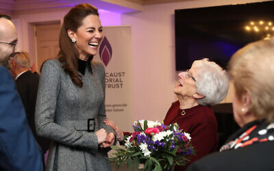 The Duchess of Cambridge shares a joke with Holocaust survivor Yvonne Bernstein after the UK Holocaust Memorial Day Commemorative Ceremony at Central Hall in Westminster, London. (Photo credit: Chris Jackson/PA Wire)