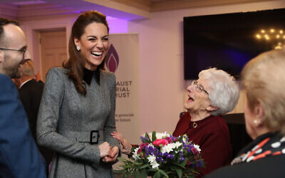 The Duchess of Cambridge shares a joke with Holocaust survivor Yvonne Bernstein after the UK Holocaust Memorial Day Commemorative Ceremony at Central Hall in Westminster, London (Photo credit: Chris Jackson/PA Wire)