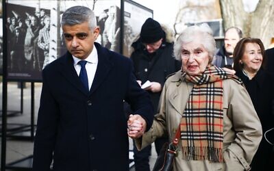 Sadiq Khan hand-in-hand with Holocaust survivor Renee Salt at Auschwitz, at the event marking 75 years since the liberation of the camp
