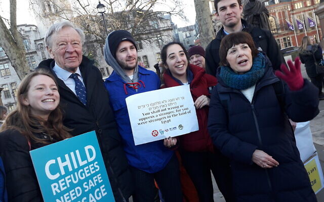 Lord Dubs with campaigners for refugees in January, including Edie Friedman of JCORE